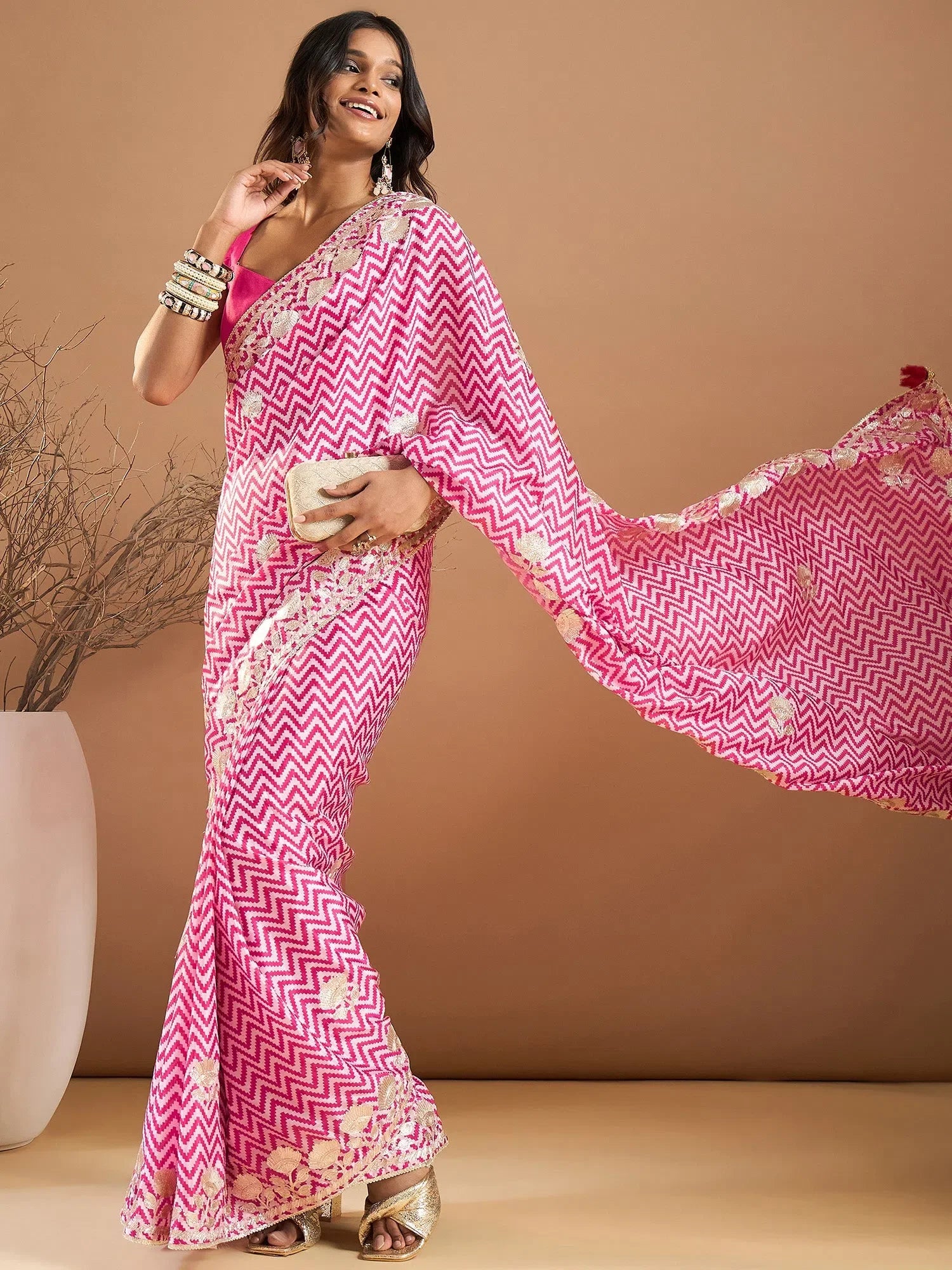 Pink Embroidered Saree - Designer Indian Wedding Sarees