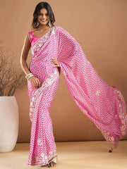 Women's Chiffon Pink Embroidered Designer Saree With Blouse Piece-SRENIK1757C