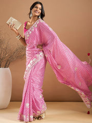 Women's Chiffon Pink Embroidered Designer Saree With Blouse Piece-SRENIK1757C