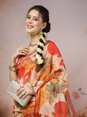 Stylum Women's Orange Floral Foil Printed Cotton Blend Saree (SRFOLESTORANGE)