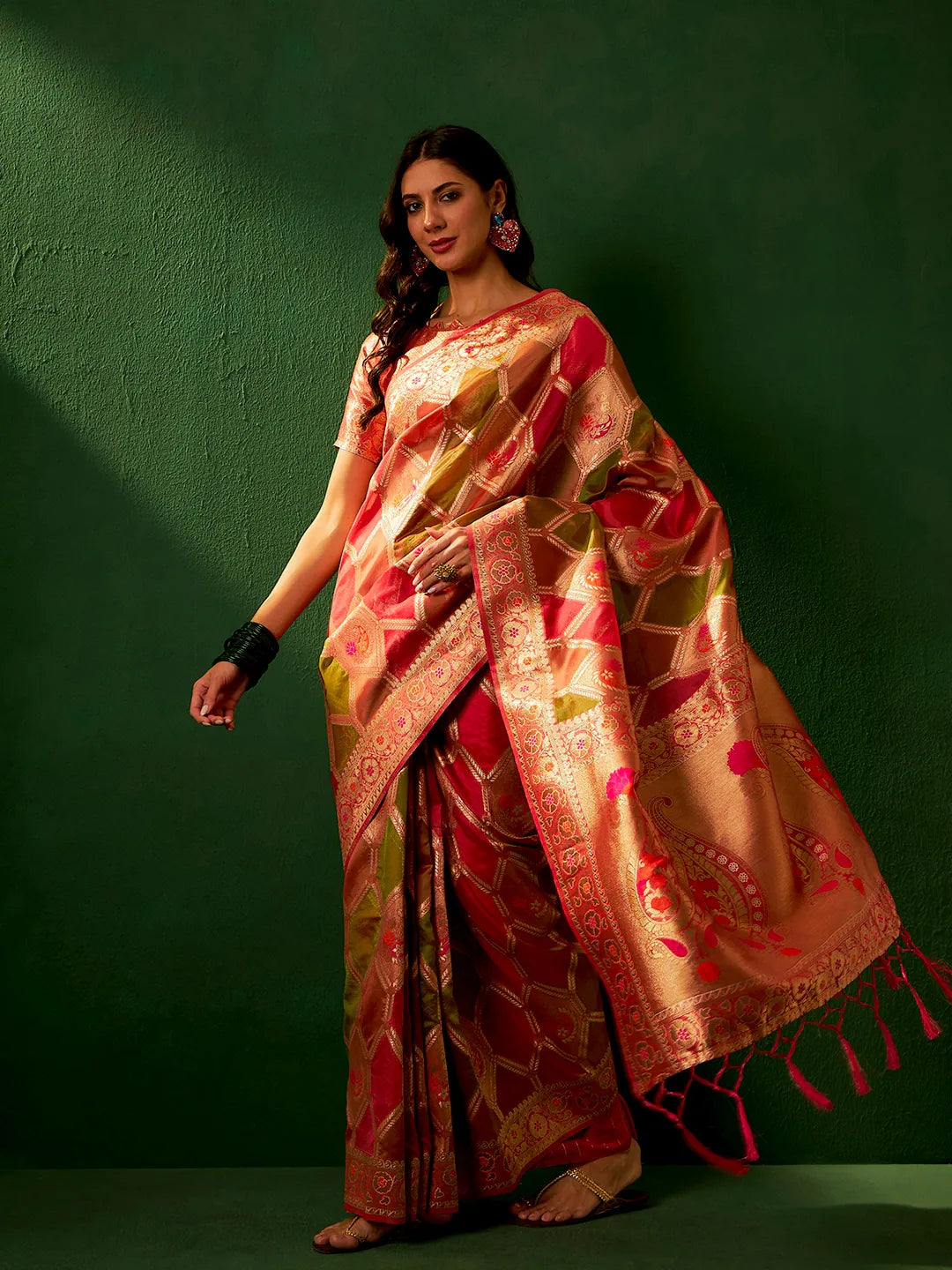 Multi Color Organza Indian Sari: Woven Design Saree