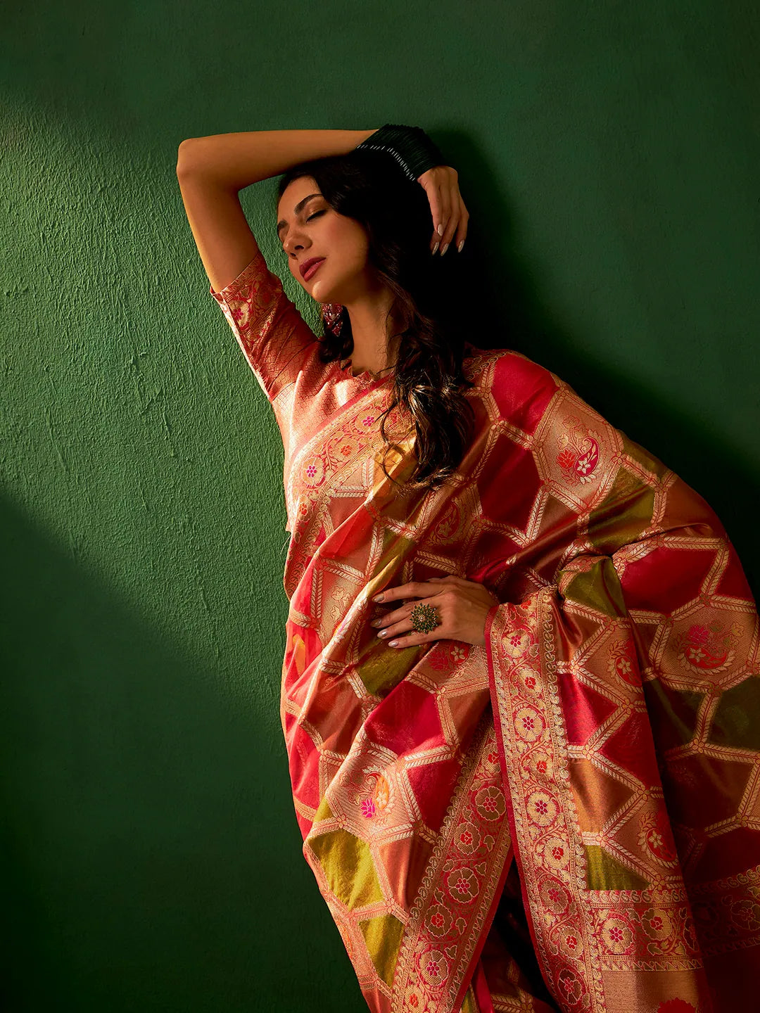 Multi Color Organza Indian Sari: Woven Design Saree