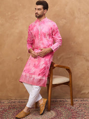 Ethnic Bay Men Pink Silk Blend Batik Embroidered Straight Kurta With Pant Set-MKSET1515