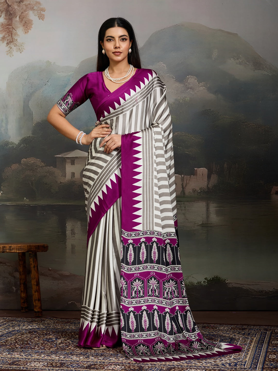Women's Purple Ajrakh Printed Modal Satin Saree With Unstitched Blouse