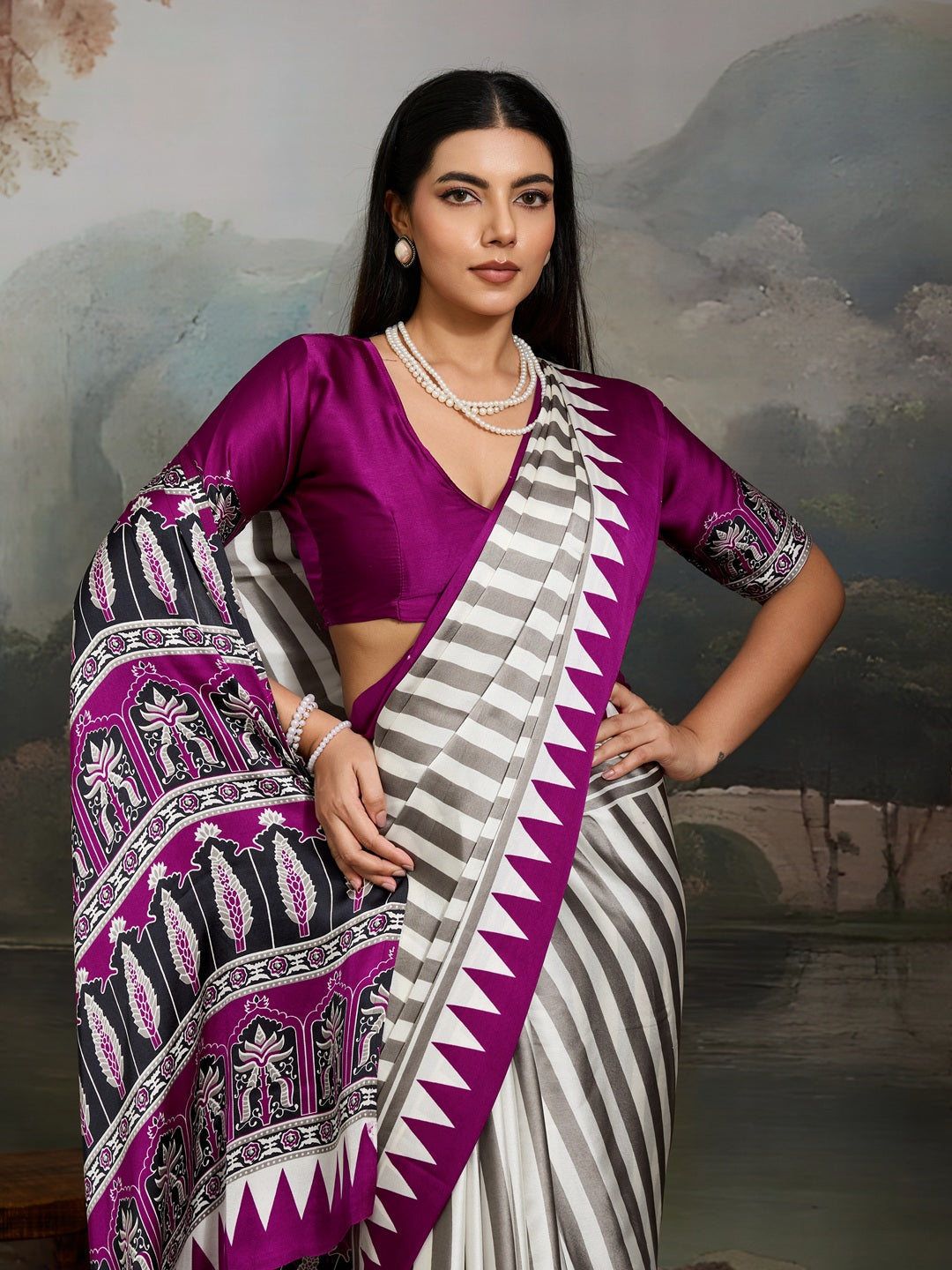 Women's Purple Ajrakh Printed Modal Satin Saree With Unstitched Blouse