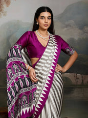 Stylum Women's Purple Ajrakh Printed Modal Satin Saree With Unstitched Blouse Piece (SRPURPLEBORIL)