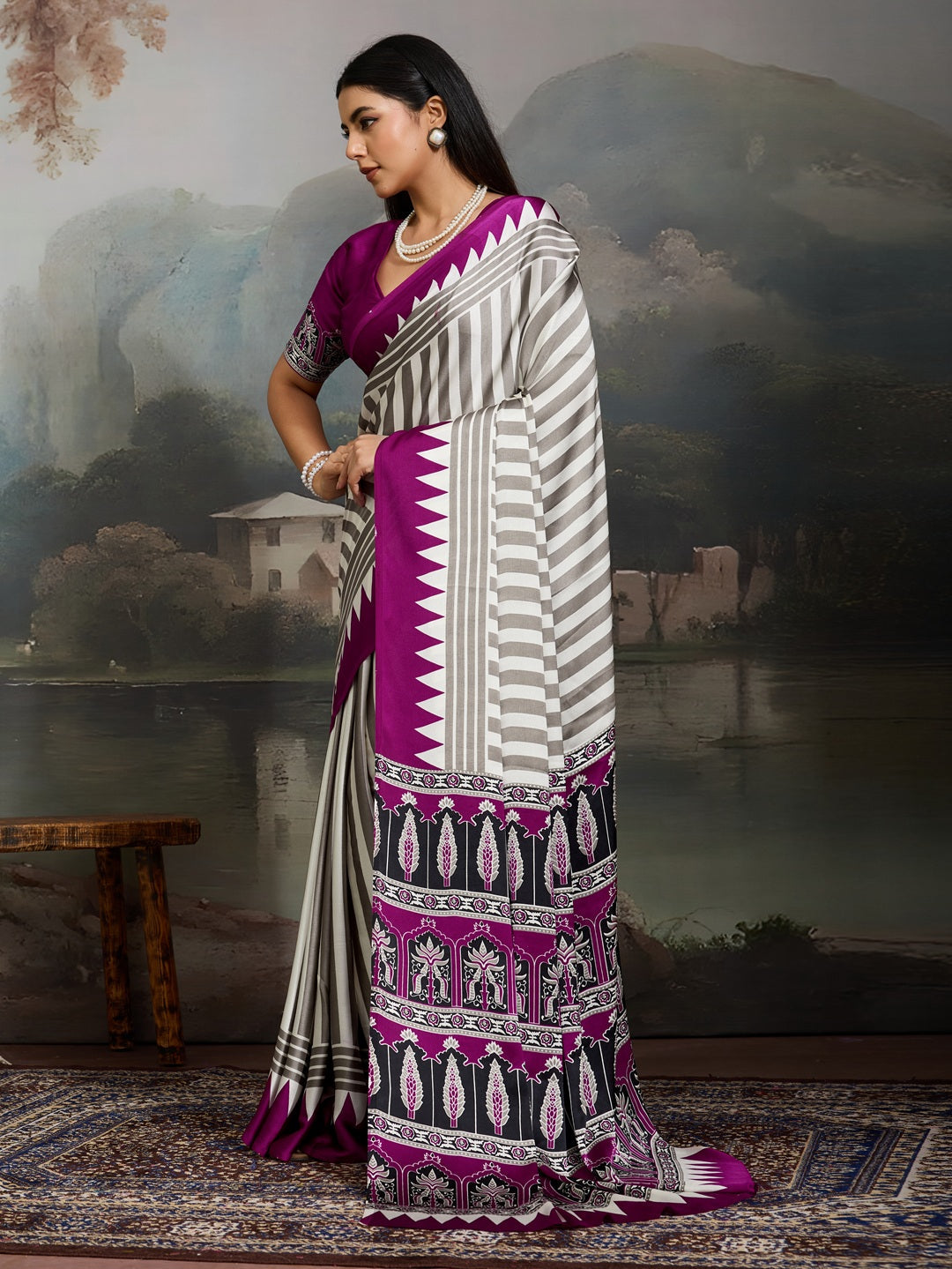 Women's Purple Ajrakh Printed Modal Satin Saree With Unstitched Blouse