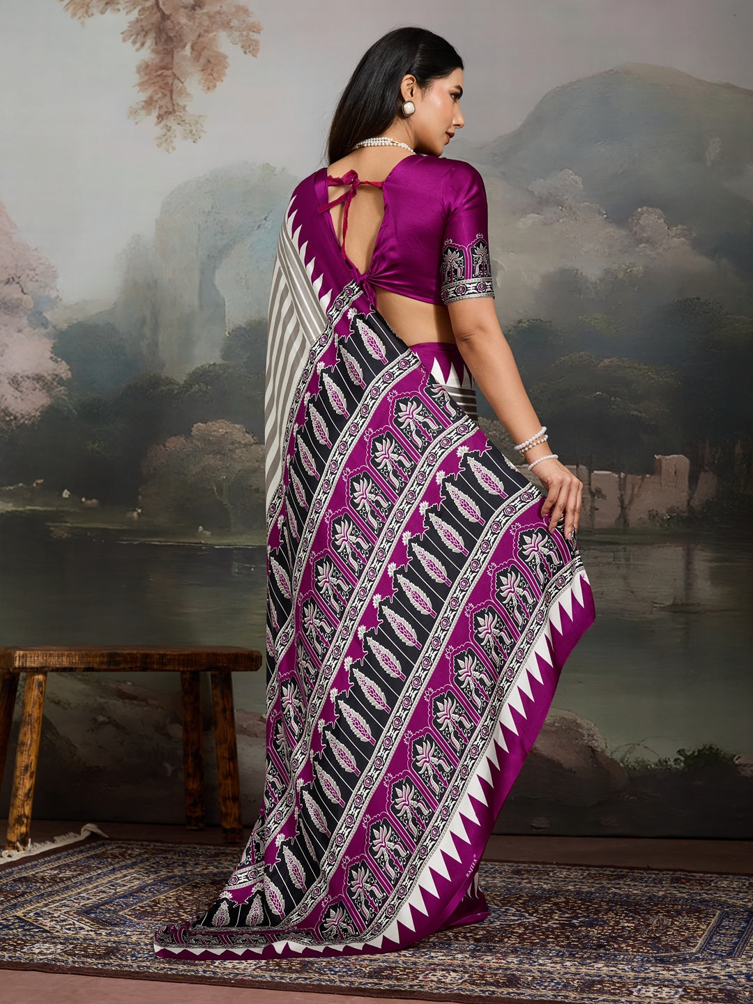 Women's Purple Ajrakh Printed Modal Satin Saree With Unstitched Blouse