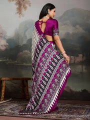 Stylum Women's Purple Ajrakh Printed Modal Satin Saree With Unstitched Blouse Piece (SRPURPLEBORIL)