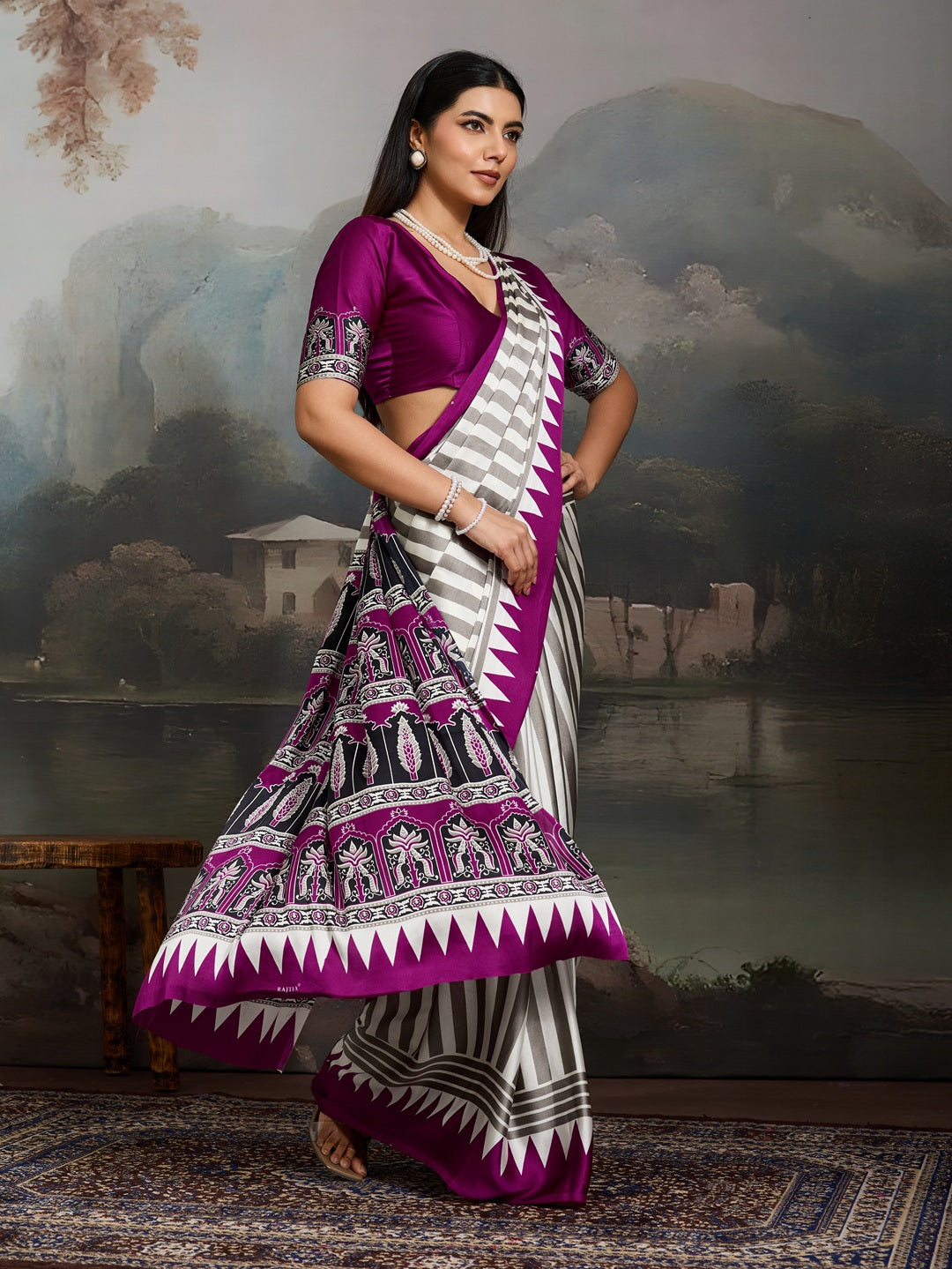 Women's Purple Ajrakh Printed Modal Satin Saree With Unstitched Blouse