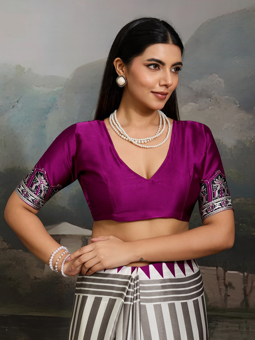 Women's Purple Ajrakh Printed Modal Satin Saree With Unstitched Blouse