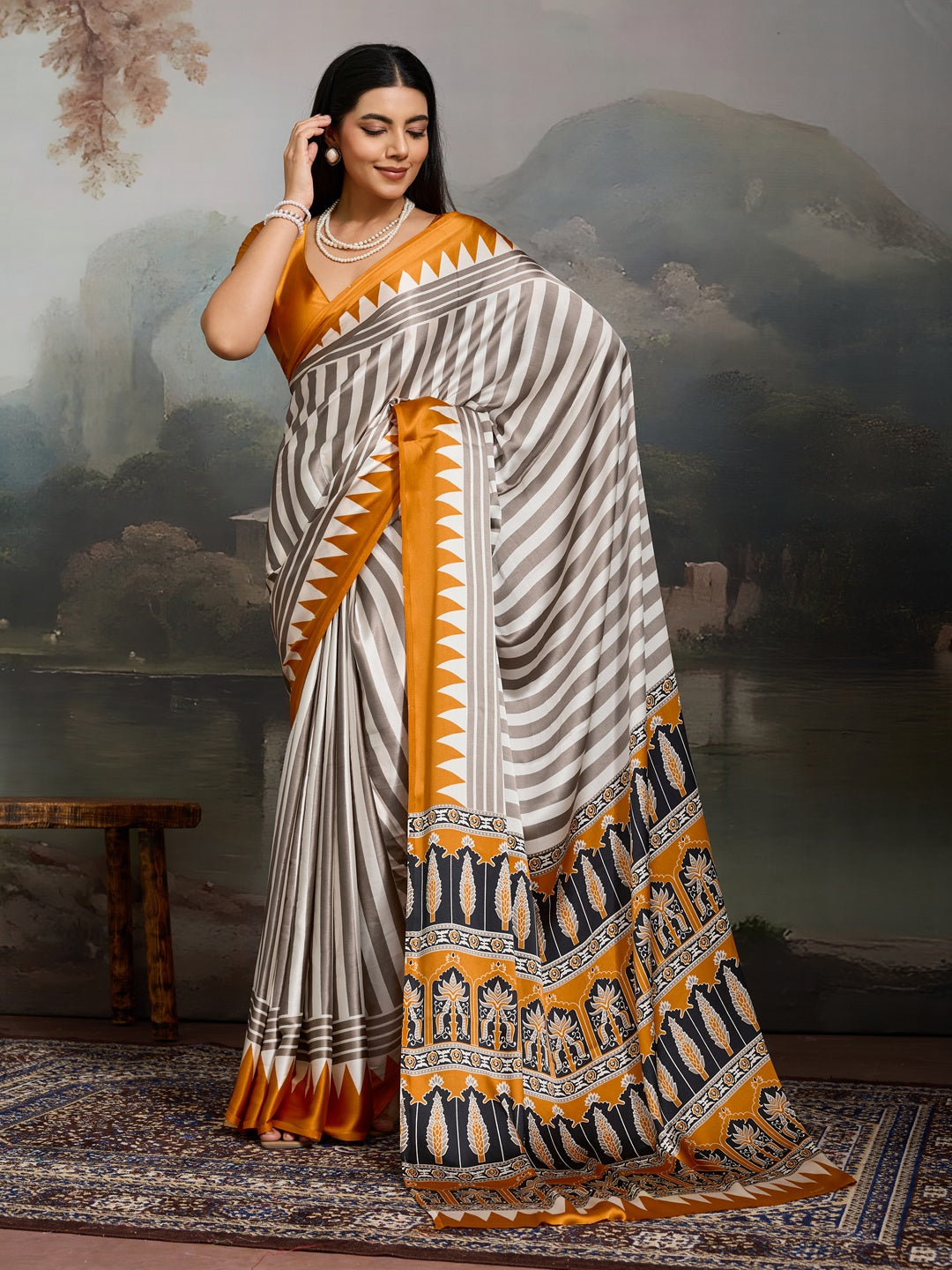 Women's Yellow Ajrakh Printed Modal Satin Saree With Unstitched Blouse