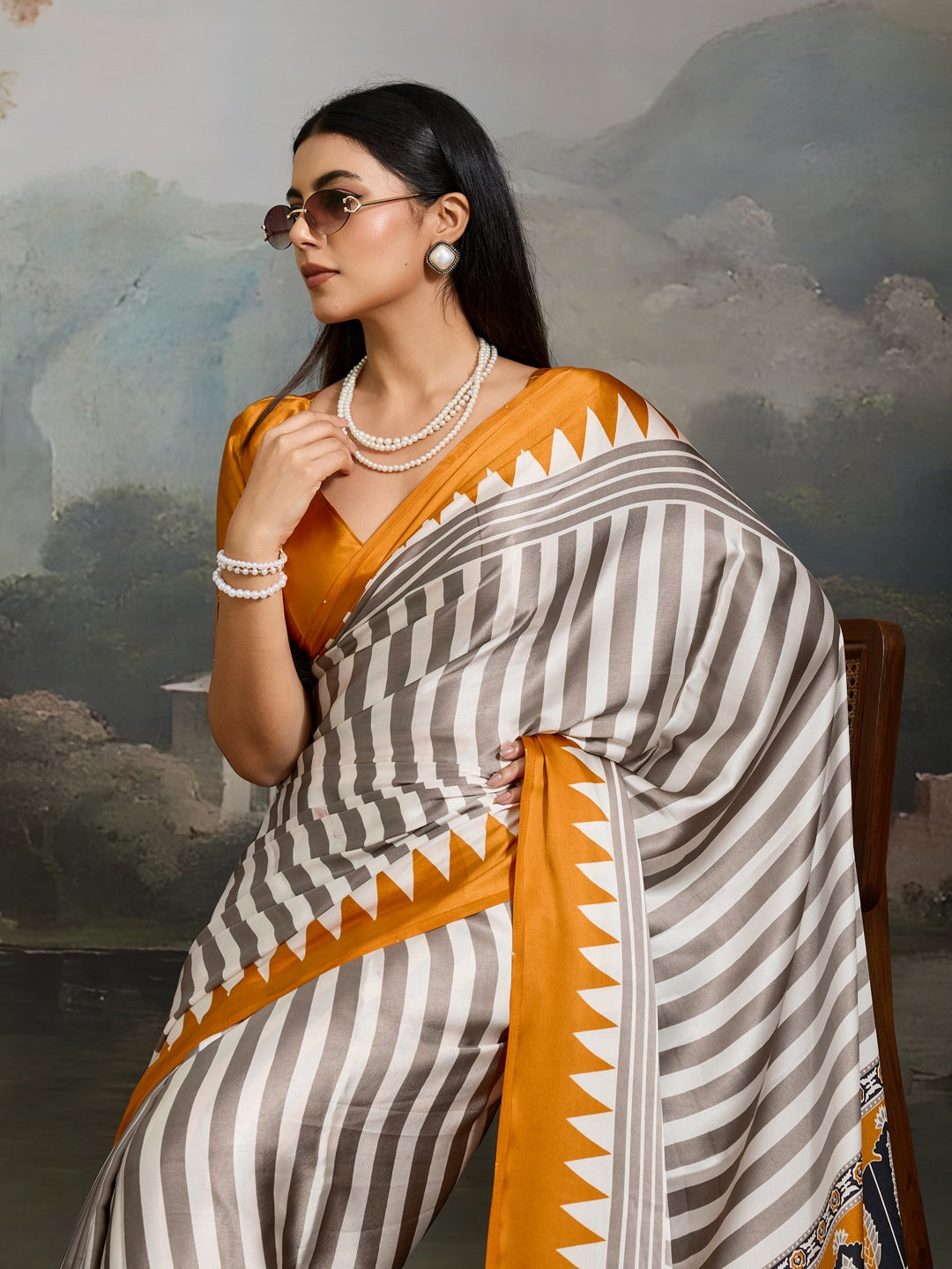 Women's Yellow Ajrakh Printed Modal Satin Saree With Unstitched Blouse
