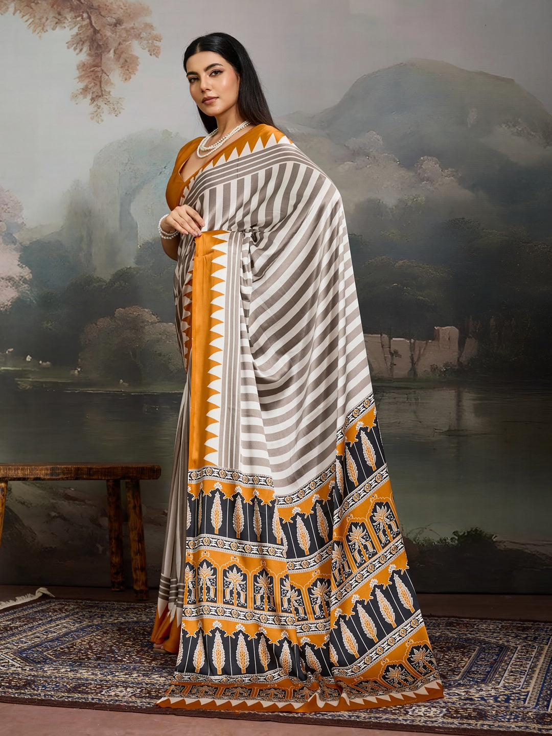 Women's Yellow Ajrakh Printed Modal Satin Saree With Unstitched Blouse