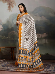Stylum Women's Yellow Ajrakh Printed Modal Satin Saree With Unstitched Blouse Piece (SRYELLOWBORIL)