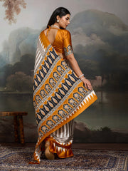 Stylum Women's Yellow Ajrakh Printed Modal Satin Saree With Unstitched Blouse Piece (SRYELLOWBORIL)