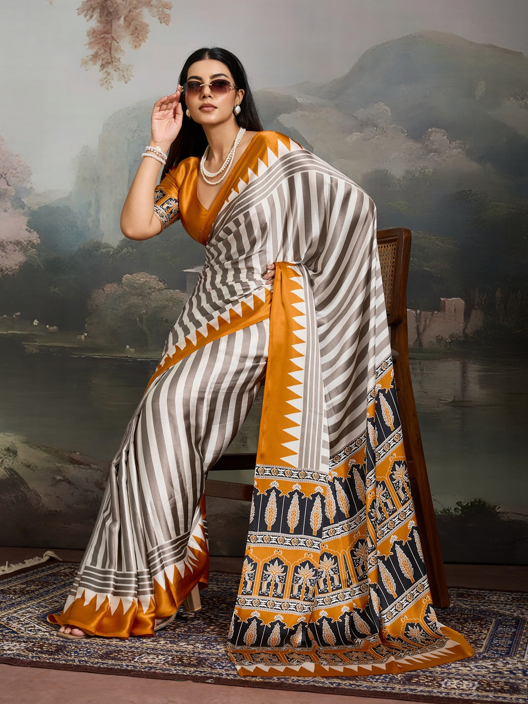 Women's Yellow Ajrakh Printed Modal Satin Saree With Unstitched Blouse