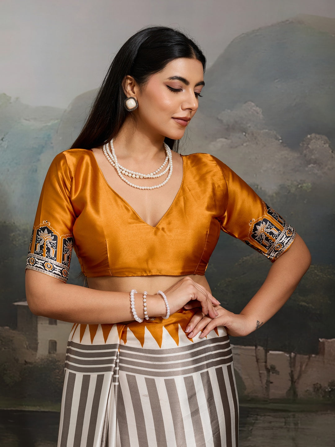 Women's Yellow Ajrakh Printed Modal Satin Saree With Unstitched Blouse