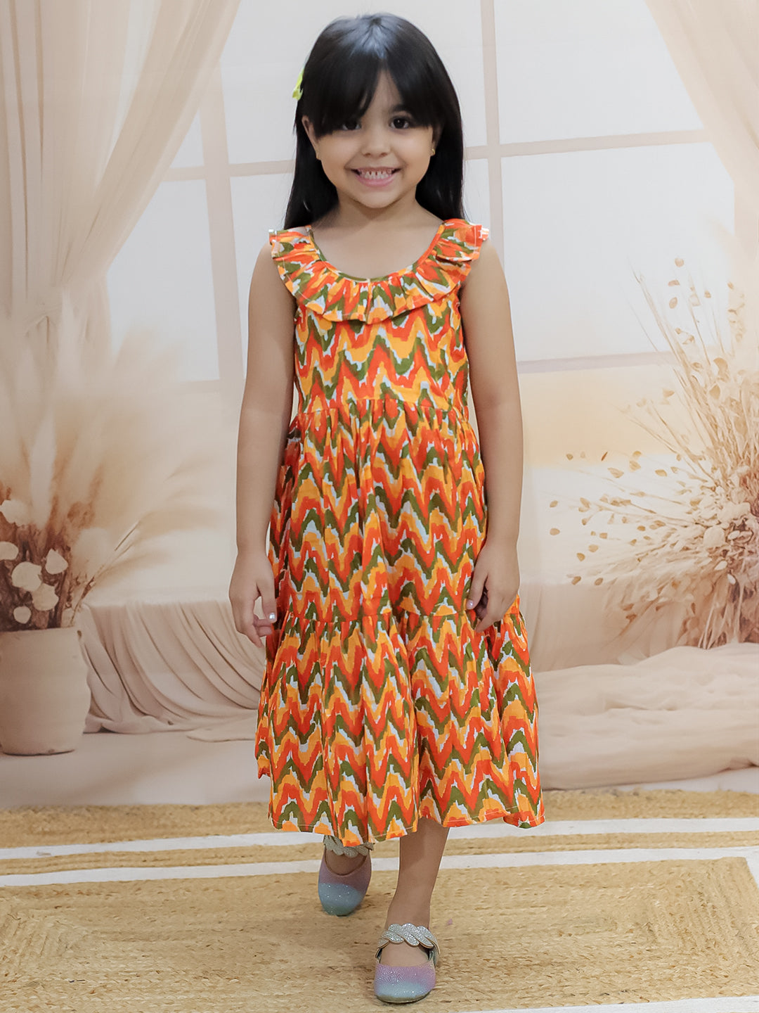 Cotton Dress for Girls - Orange | SS24DR82ORA | DesiQlo