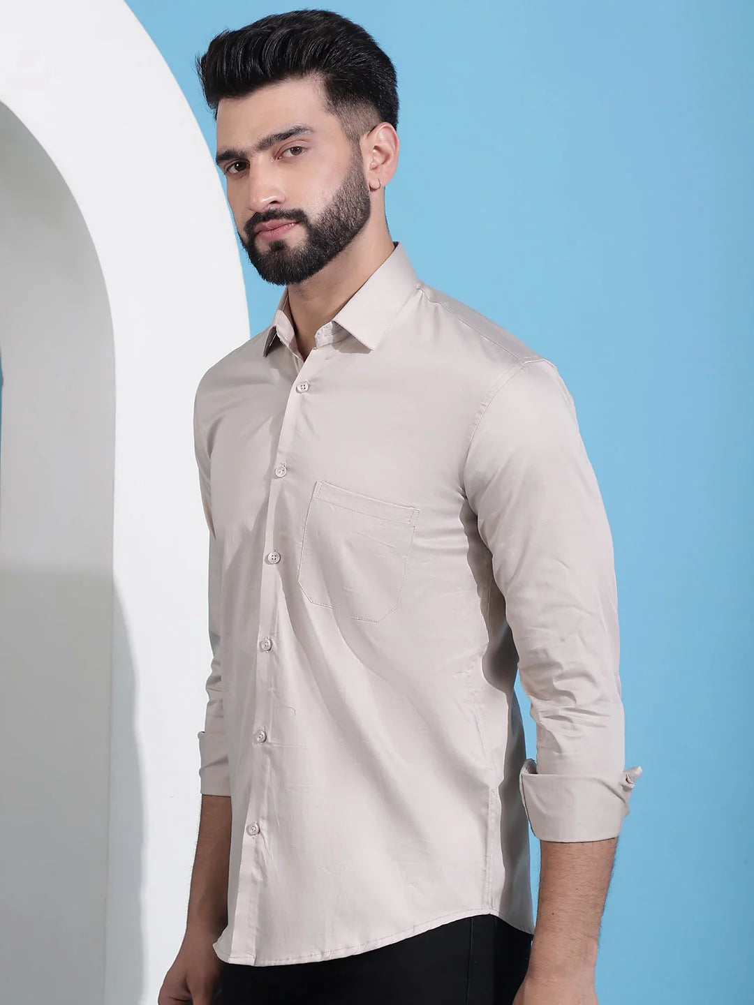 Beige Cotton Mens Shirt - Solid Casual Shirts for Men