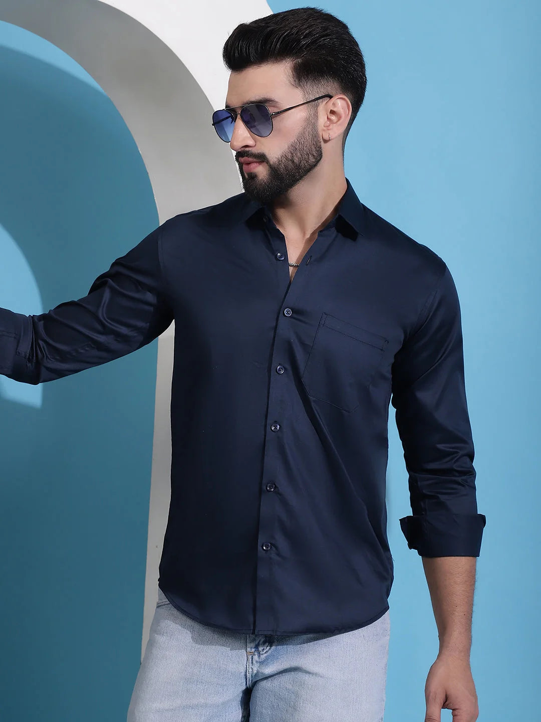 Men's Cotton Solid Casual Shirt-SF-883Navy