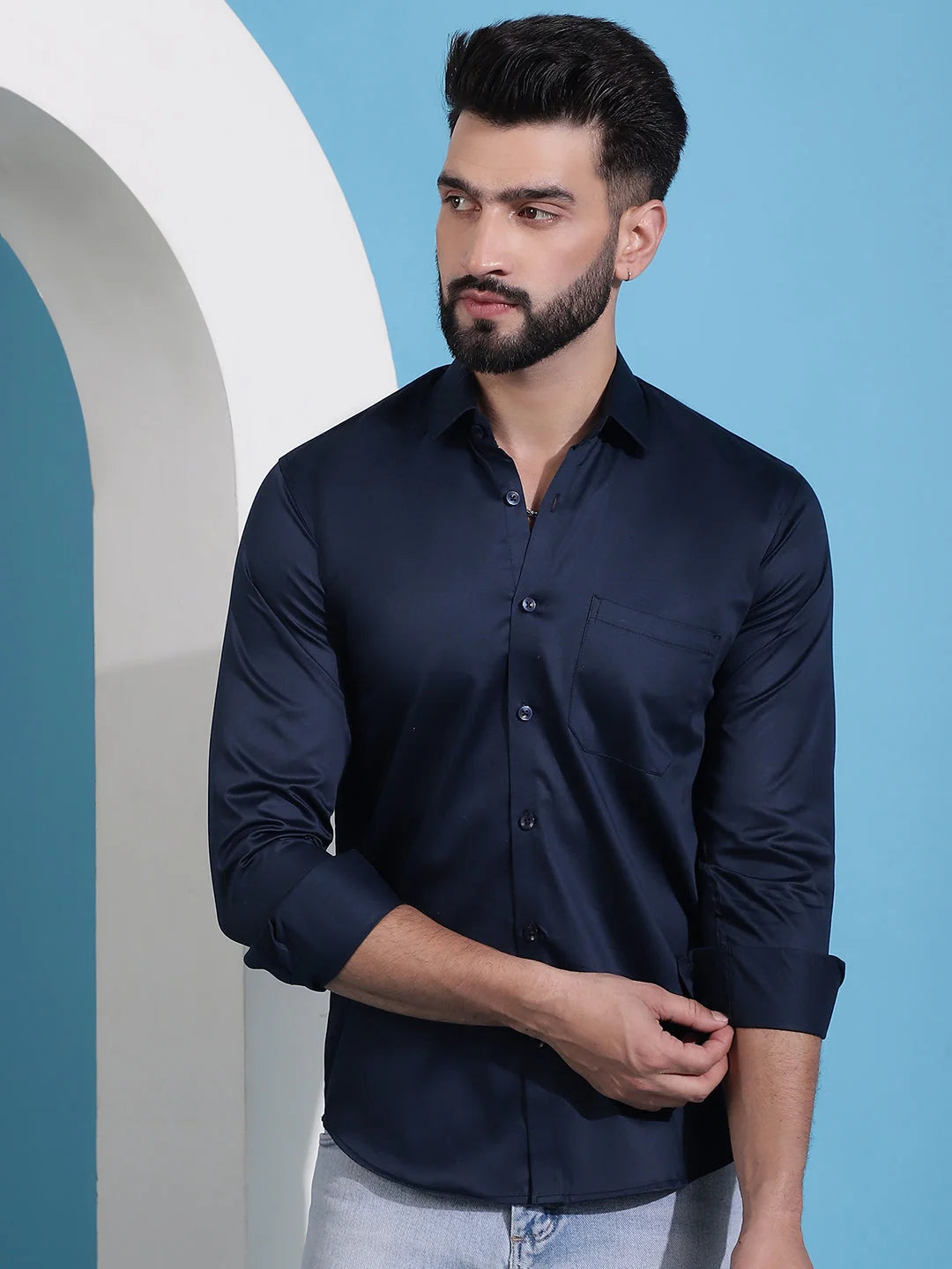 Navy Cotton Formal Shirts for Men - Solid Design