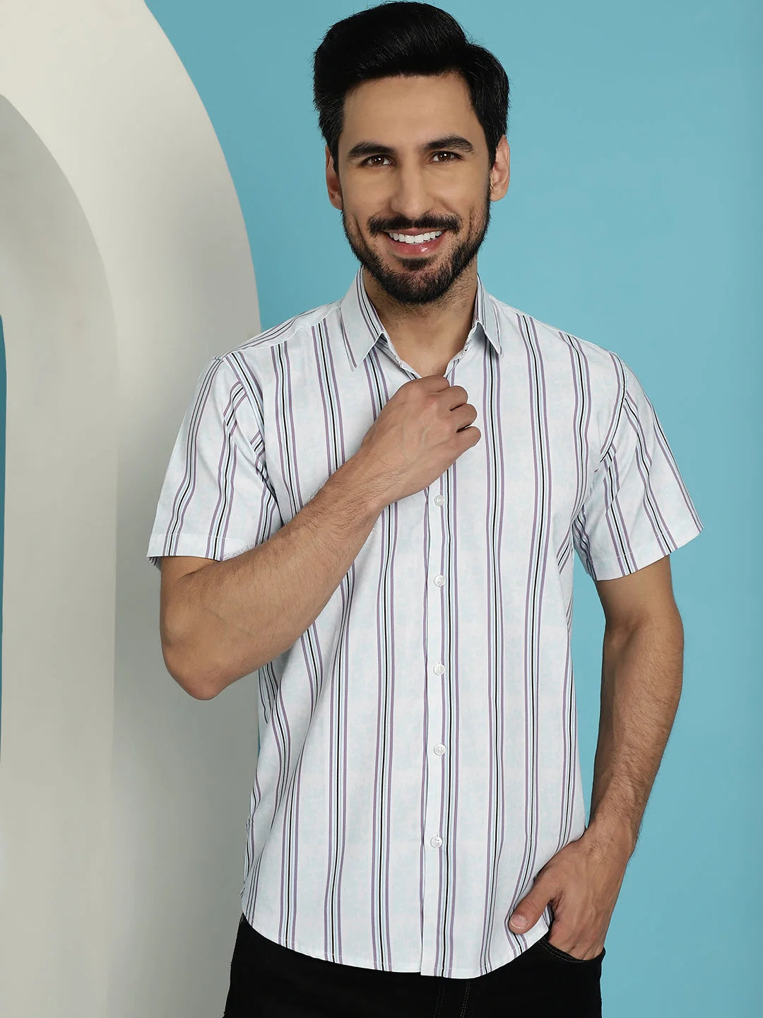 Striped Mens Shirt - Half Sleeve Cotton Casual Shirt | [Brand]