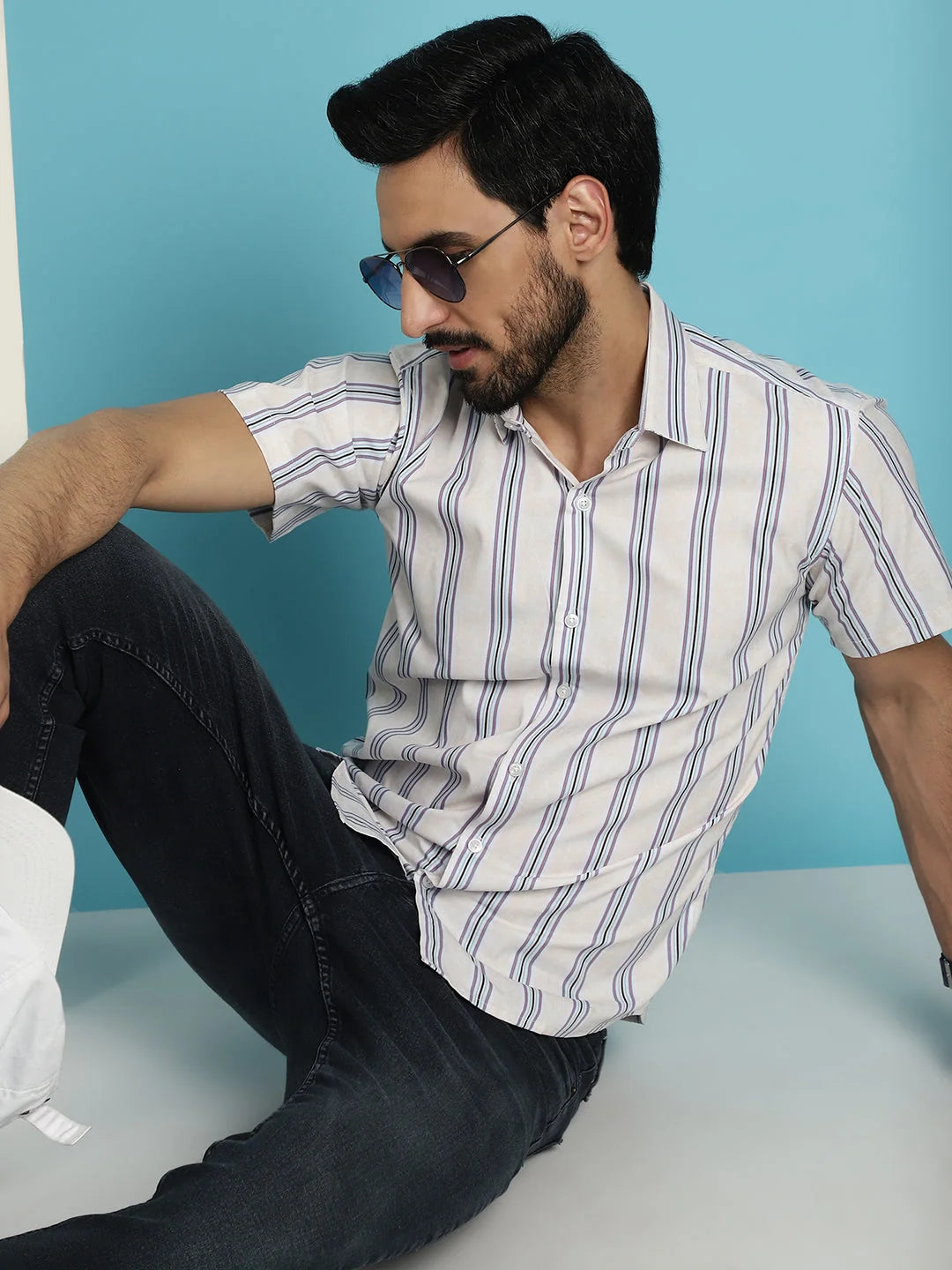 Vertical Striped Mens Shirt - Half Sleeve Cotton Shirt | [Brand]