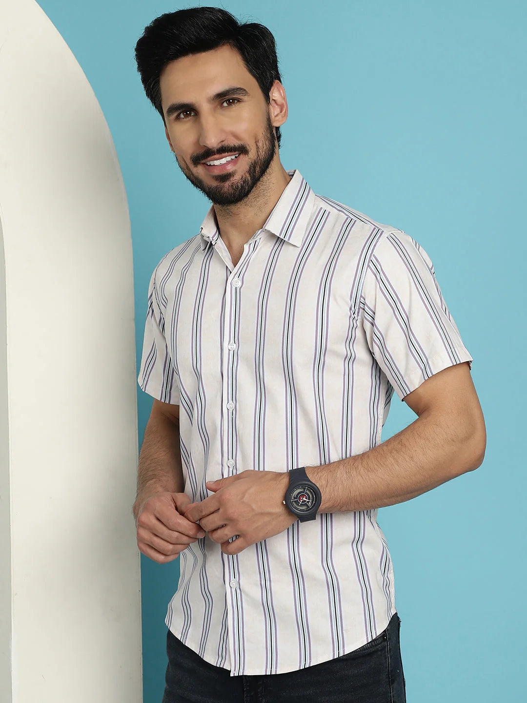 Vertical Striped Mens Shirt - Half Sleeve Cotton Shirt | [Brand]