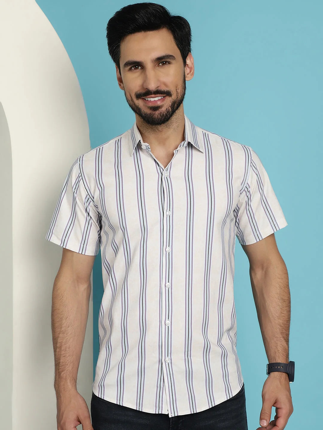Vertical Striped Mens Shirt - Half Sleeve Cotton Shirt | [Brand]