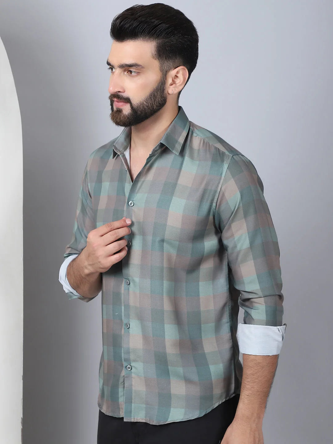 Checked Mens Shirt - Cotton Blend Casual Shirt SF-888 Green