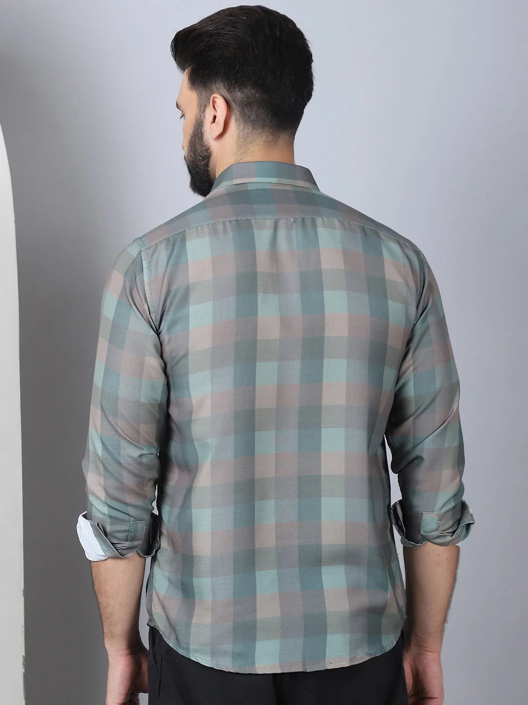 Checked Mens Shirt - Cotton Blend Casual Shirt SF-888 Green