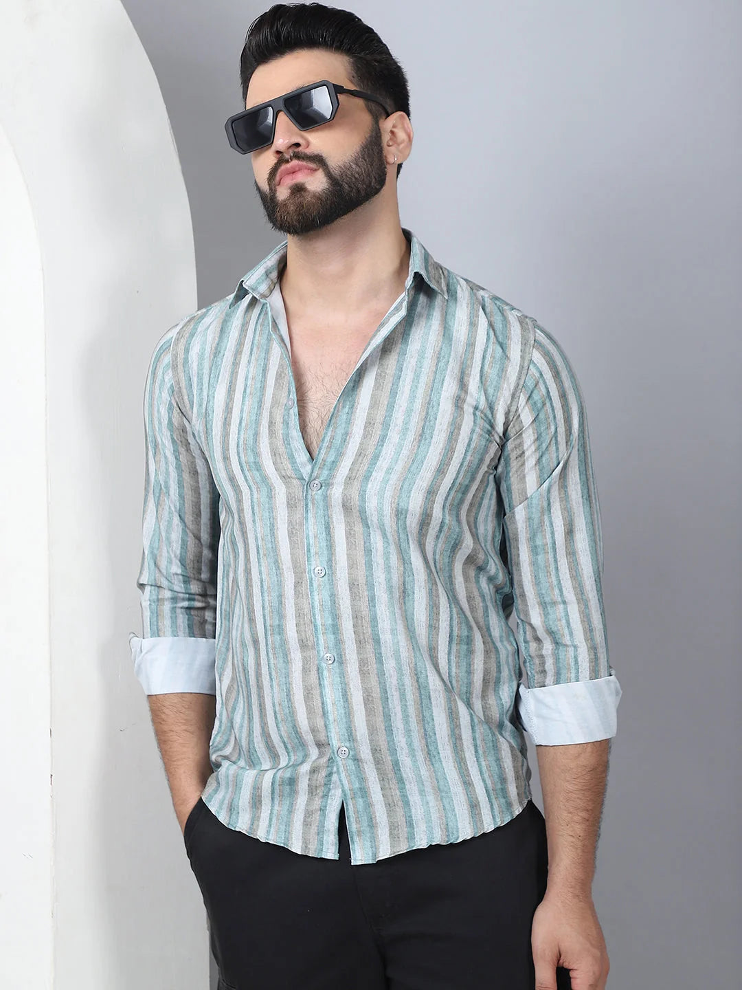 Striped Cotton Blend Casual Shirt For Men-SF-889Green