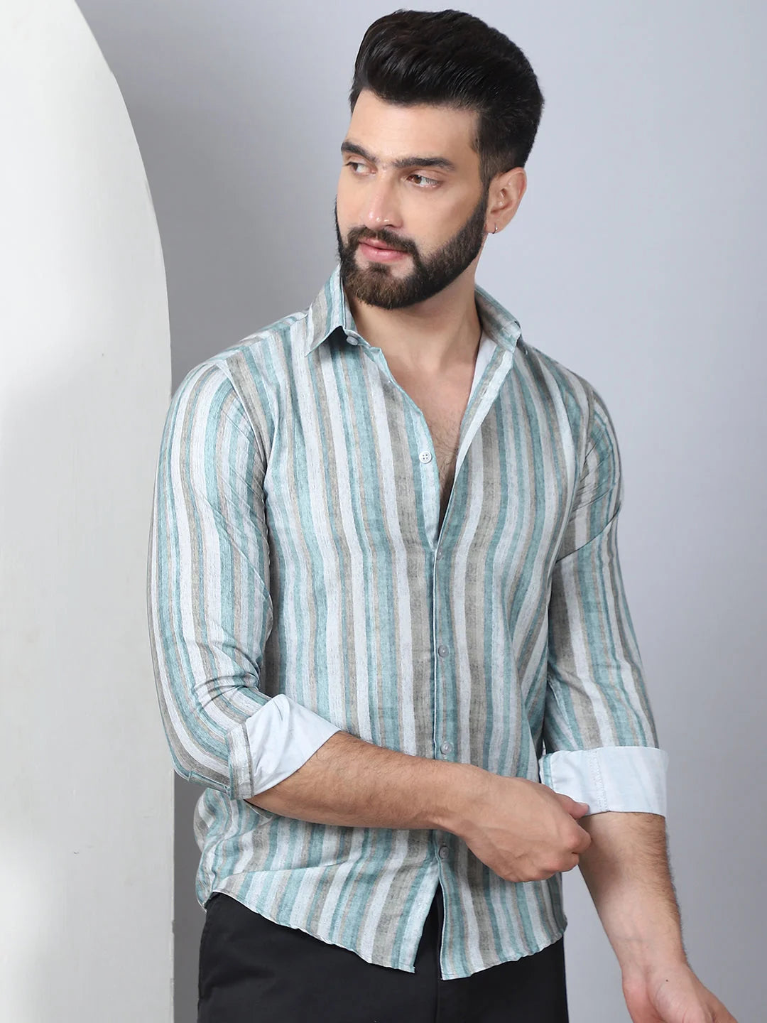 Striped Mens Shirt - Cotton Blend Casual Shirt SF-889 Green