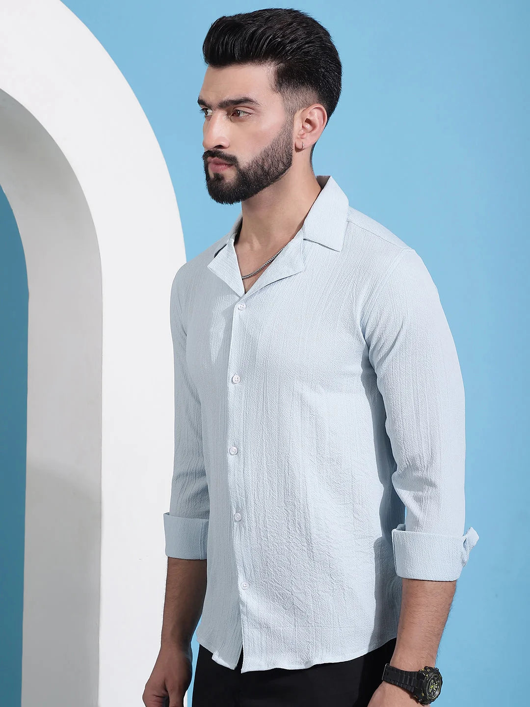 Firozi Cotton Mens Shirt - Lapel Collar Casual Shirt