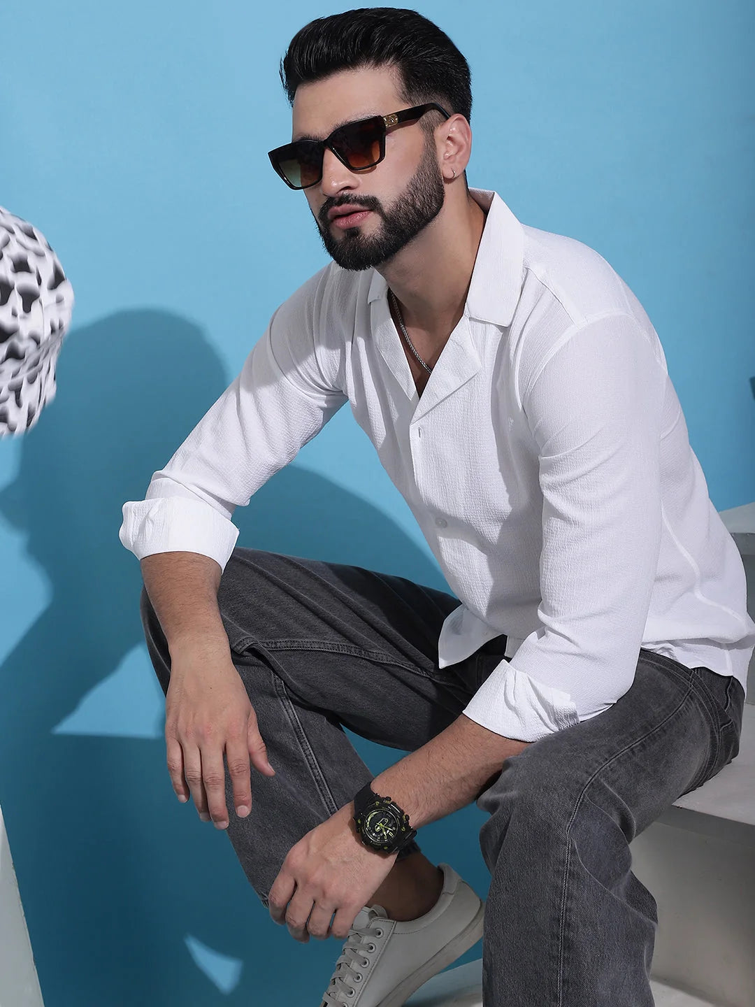 White Cotton Mens Shirt - Lapel Collar Casual Shirt