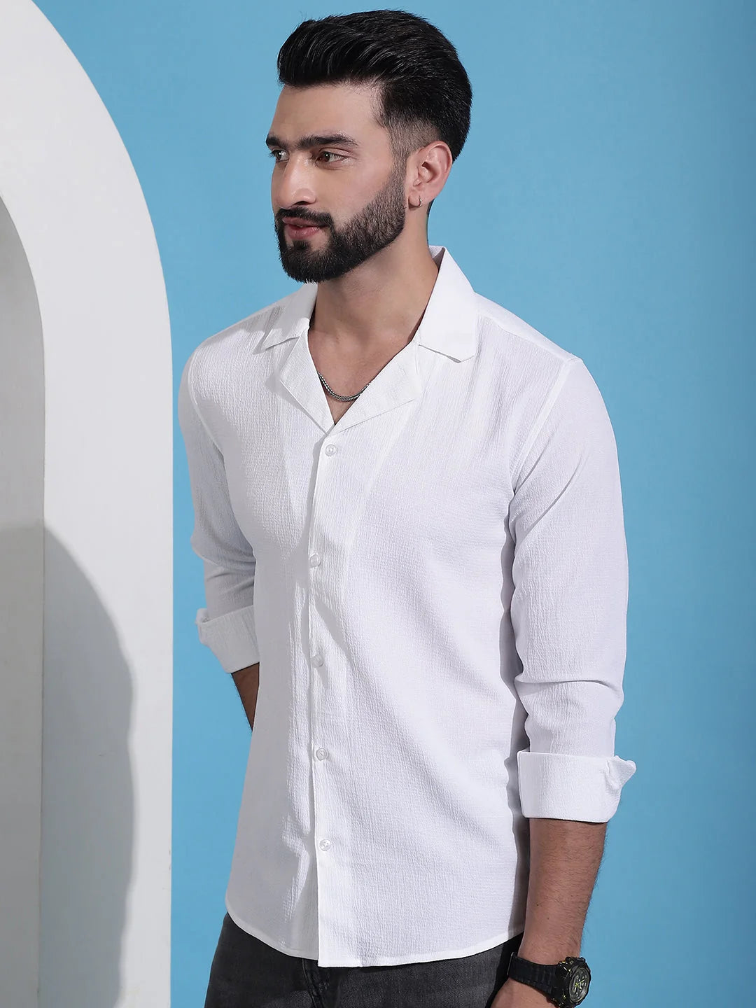 White Cotton Mens Shirt - Lapel Collar Casual Shirt