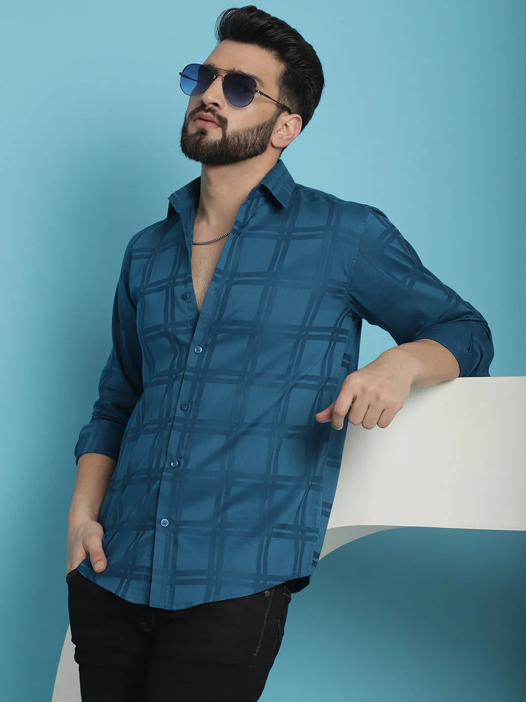 Peacock Blue Checked Casual Shirt - Premium Cotton Mens Shirt