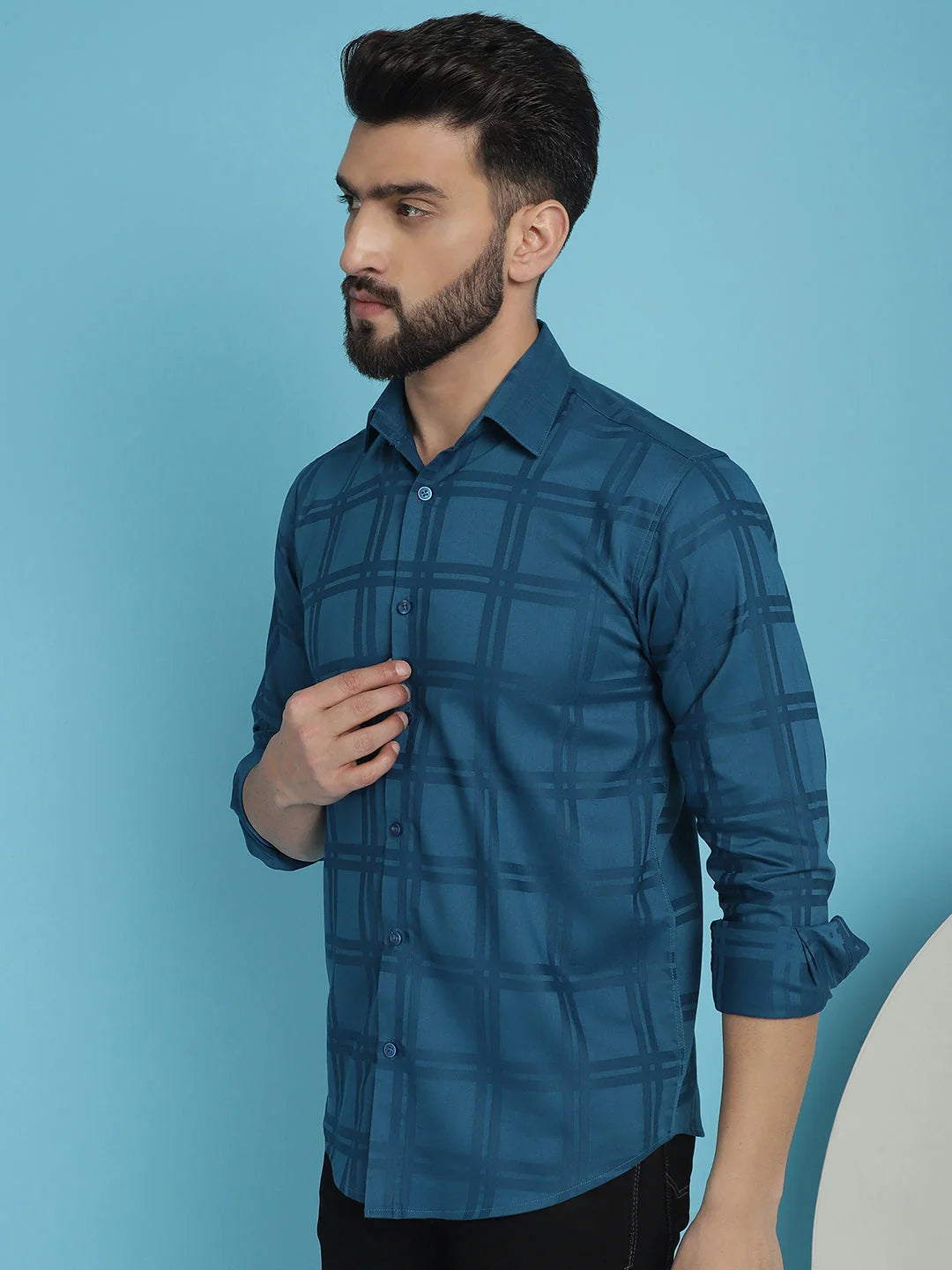 Peacock Blue Checked Casual Shirt - Premium Cotton Mens Shirt