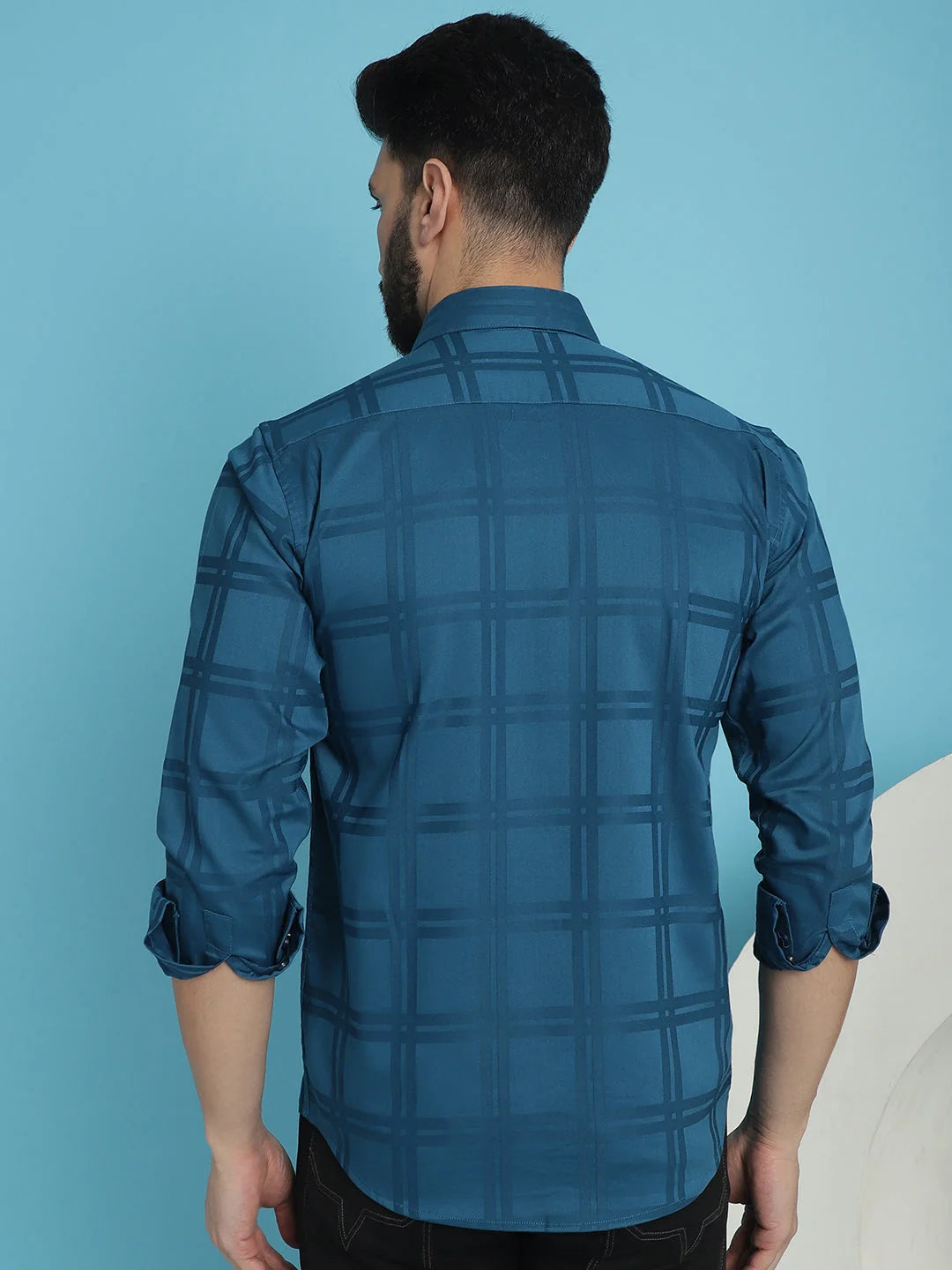 Peacock Blue Checked Casual Shirt - Premium Cotton Mens Shirt