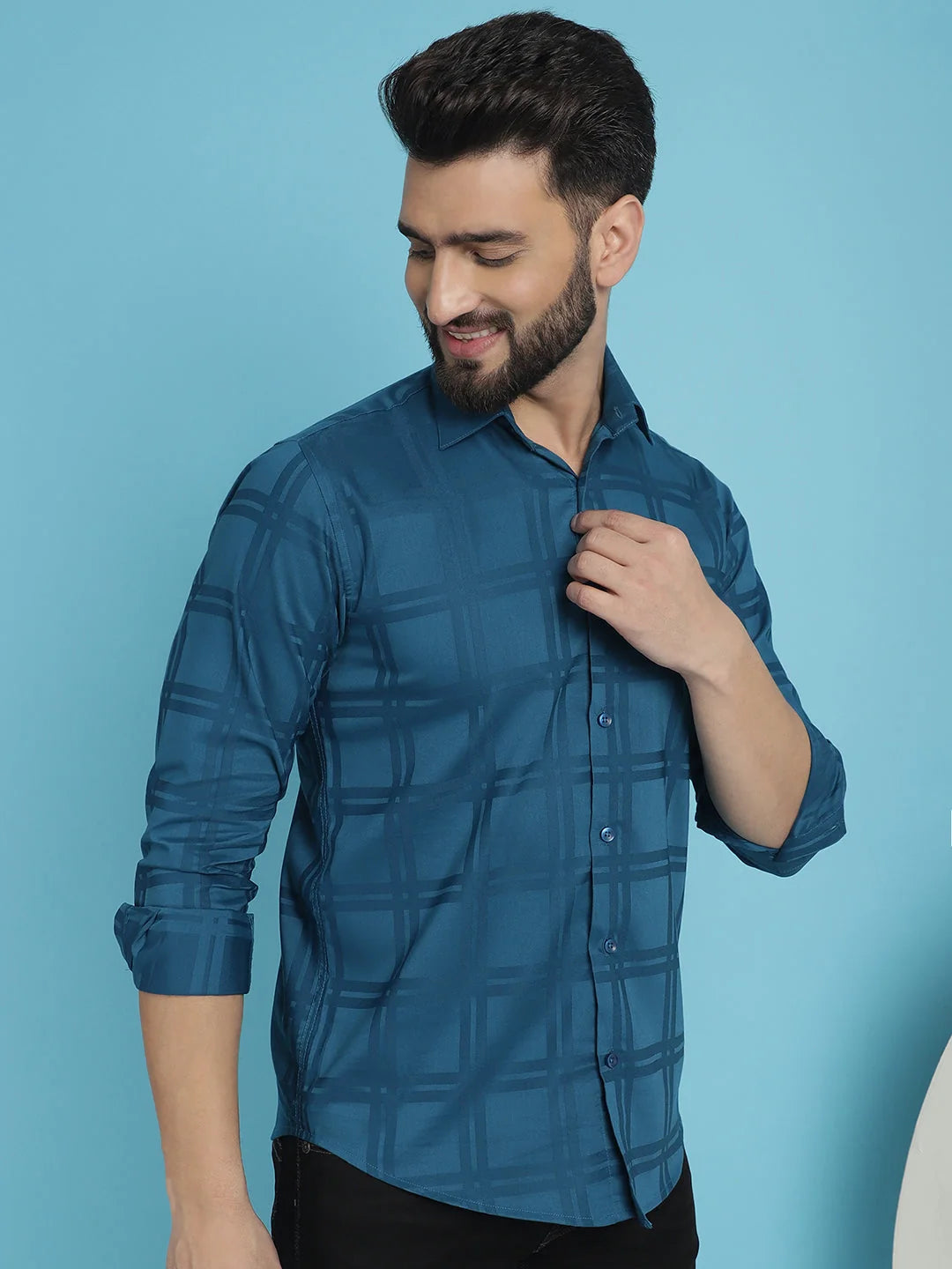 Peacock Blue Checked Casual Shirt - Premium Cotton Mens Shirt