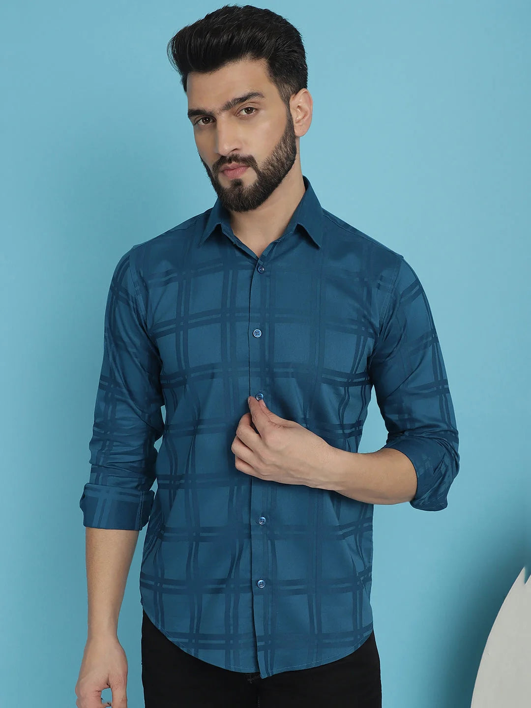 Peacock Blue Checked Casual Shirt - Premium Cotton Mens Shirt