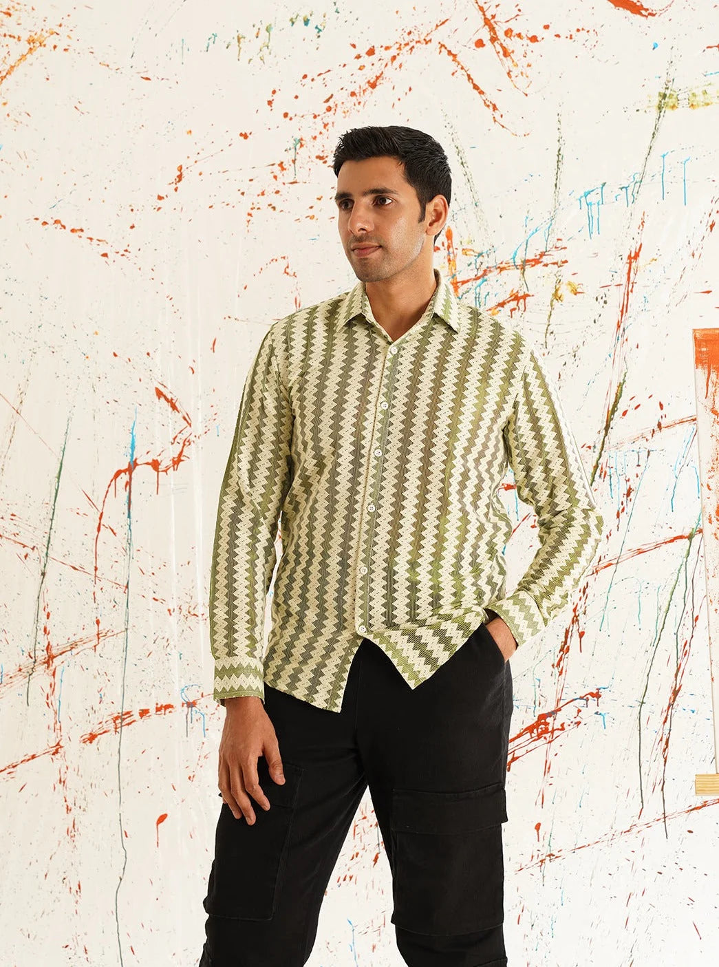Woven Design Green Cotton Shirt for Men-SF-917Green