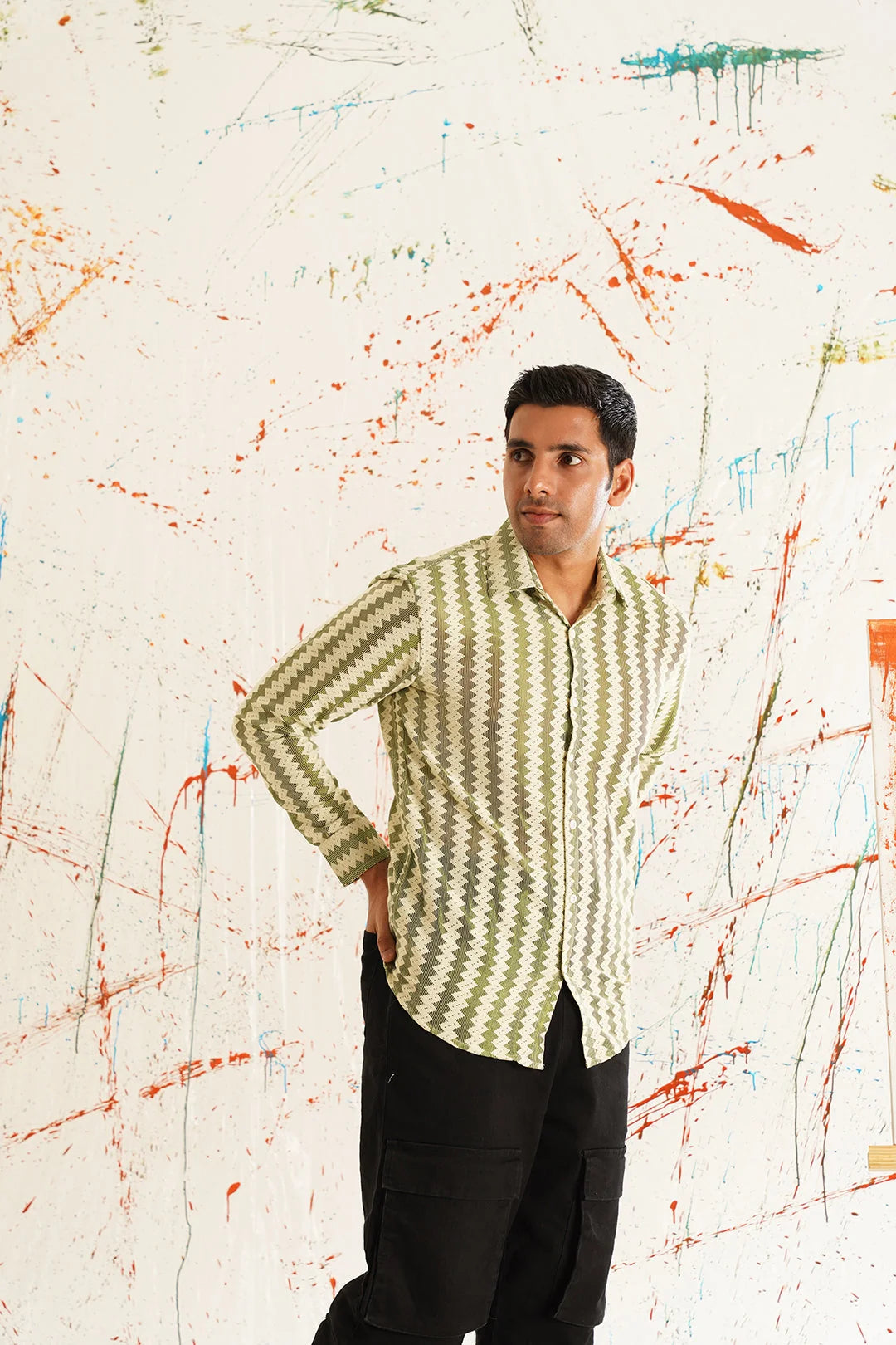 Green Woven Design Cotton Shirt for Men - Long Sleeves