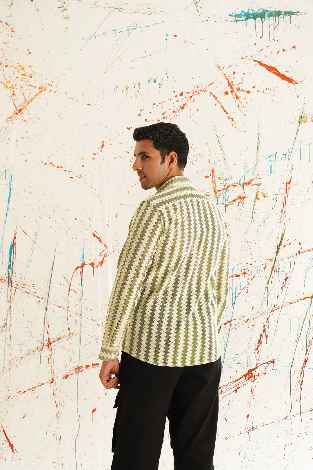 Green Woven Design Cotton Shirt for Men - Long Sleeves