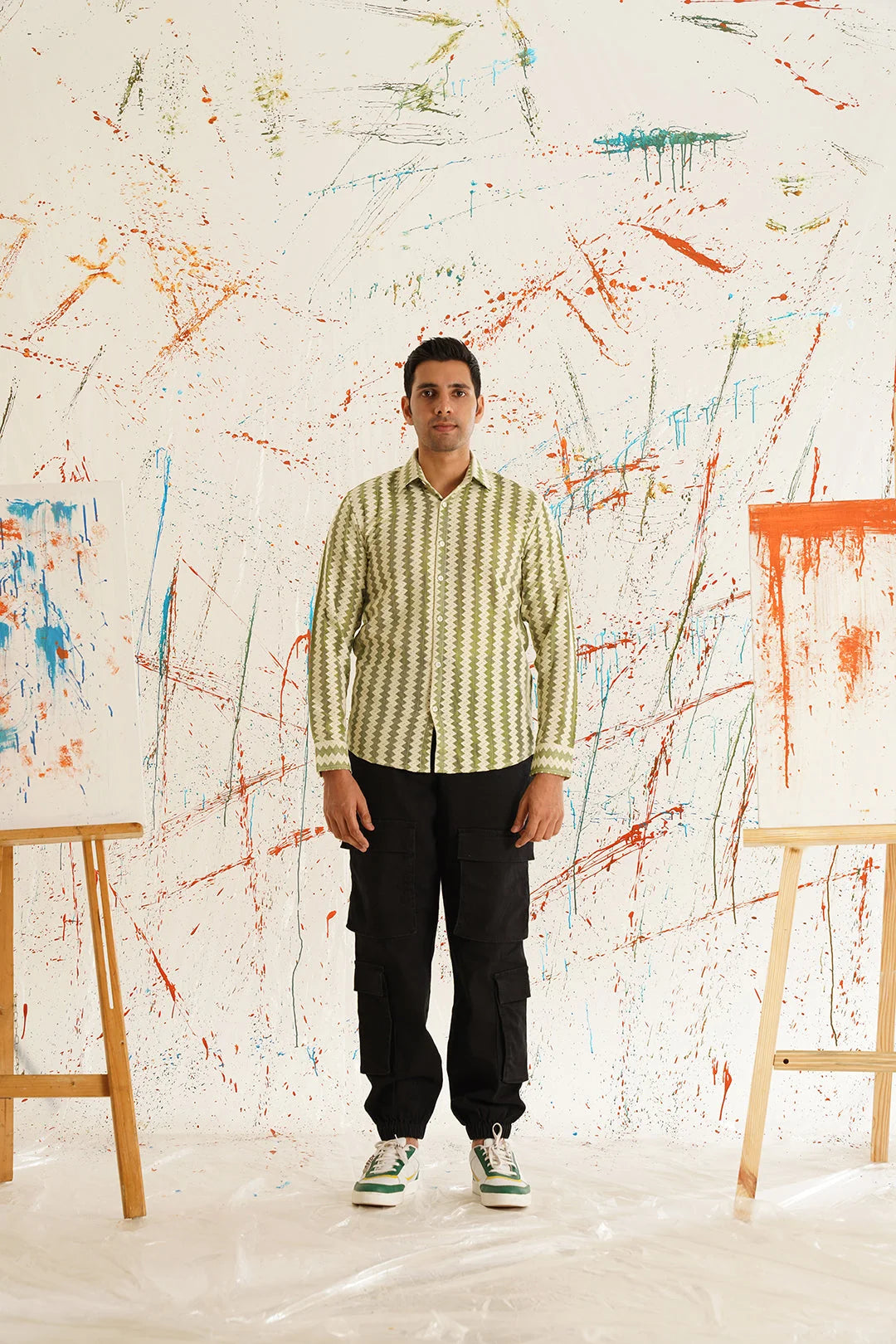 Green Woven Design Cotton Shirt for Men - Long Sleeves