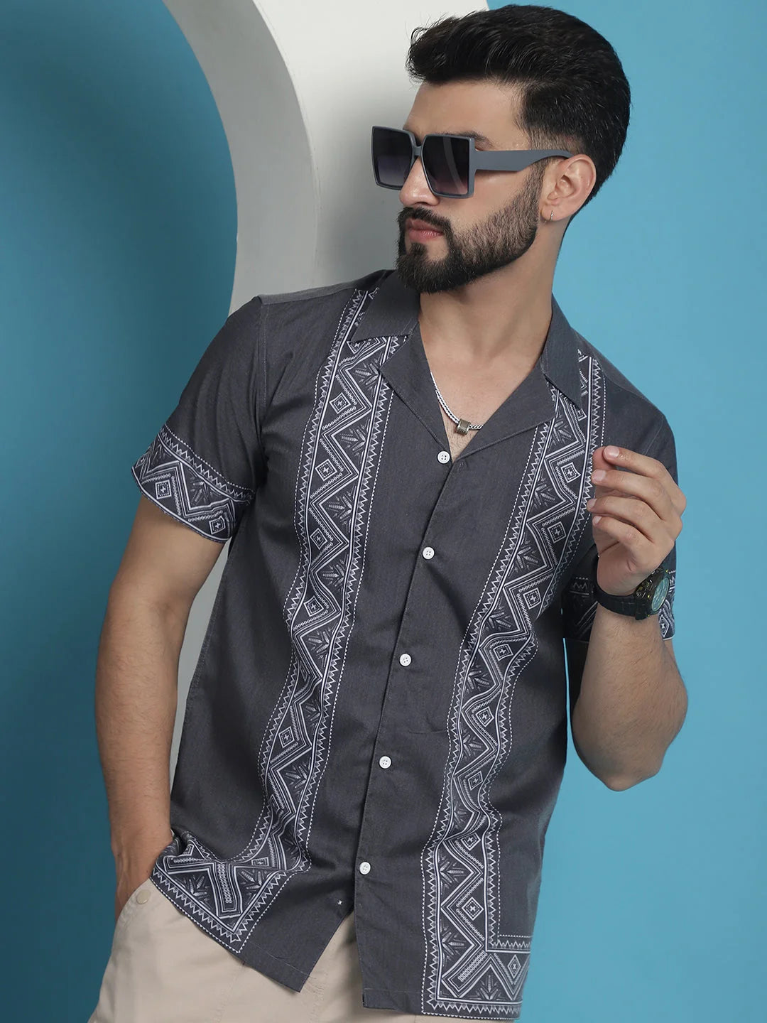 Printed Lycra Mens Shirt - Grey Short Sleeve Cotton Blend Shirt