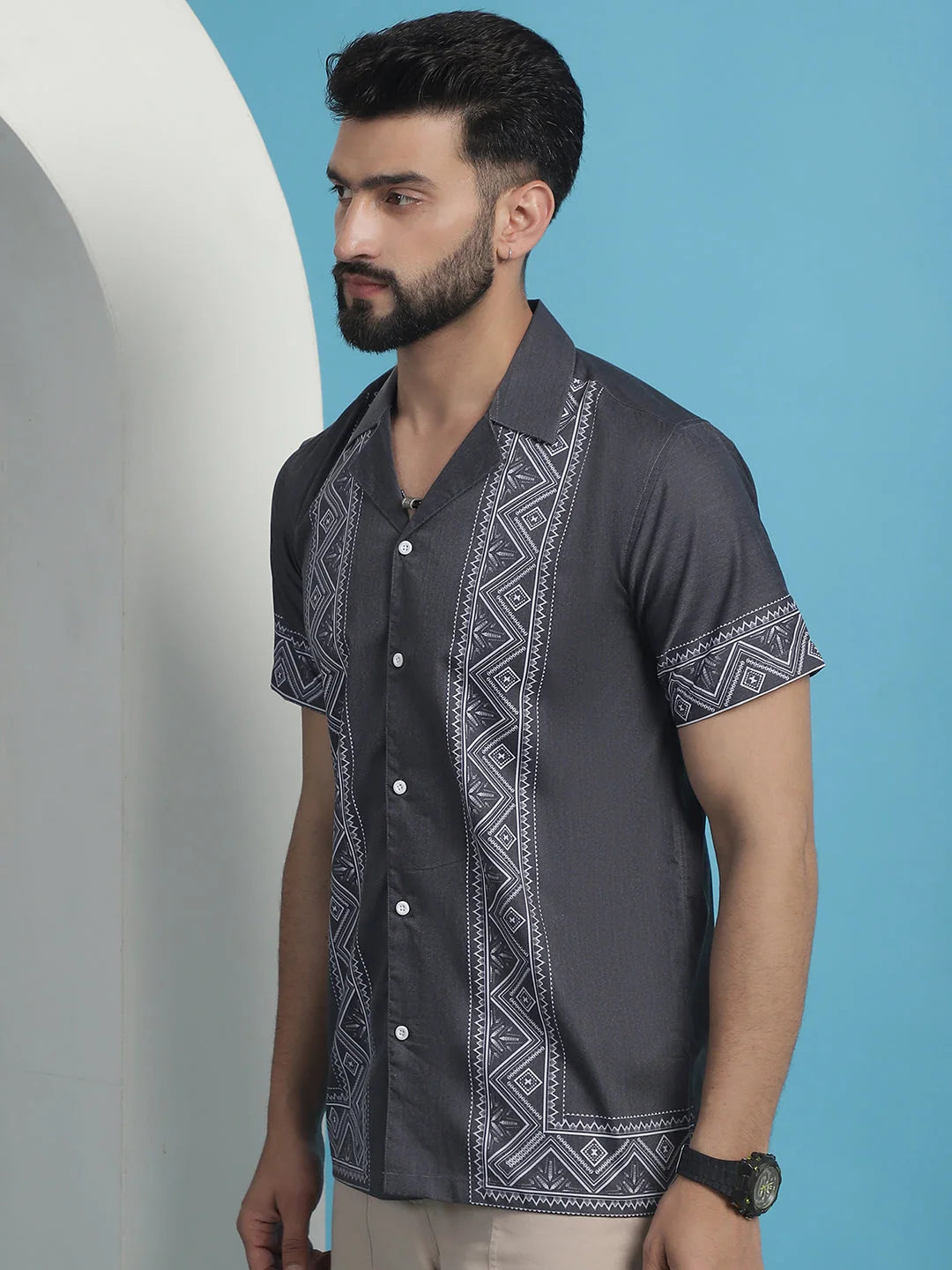 Printed Lycra Mens Shirt - Grey Short Sleeve Cotton Blend Shirt