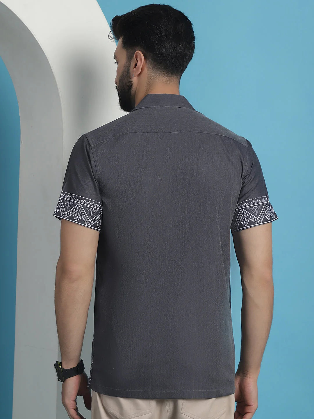 Printed Lycra Mens Shirt - Grey Short Sleeve Cotton Blend Shirt