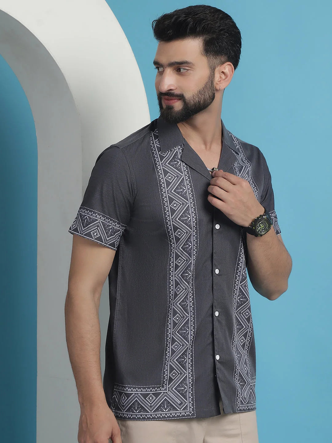 Printed Lycra Mens Shirt - Grey Short Sleeve Cotton Blend Shirt